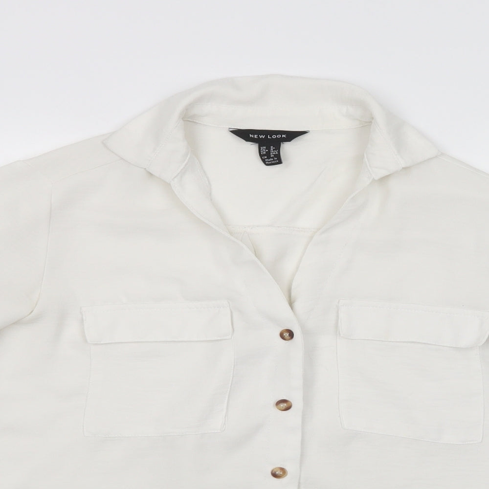 New Look Womens White  Polyester Basic Button-Up Size 8 Collared
