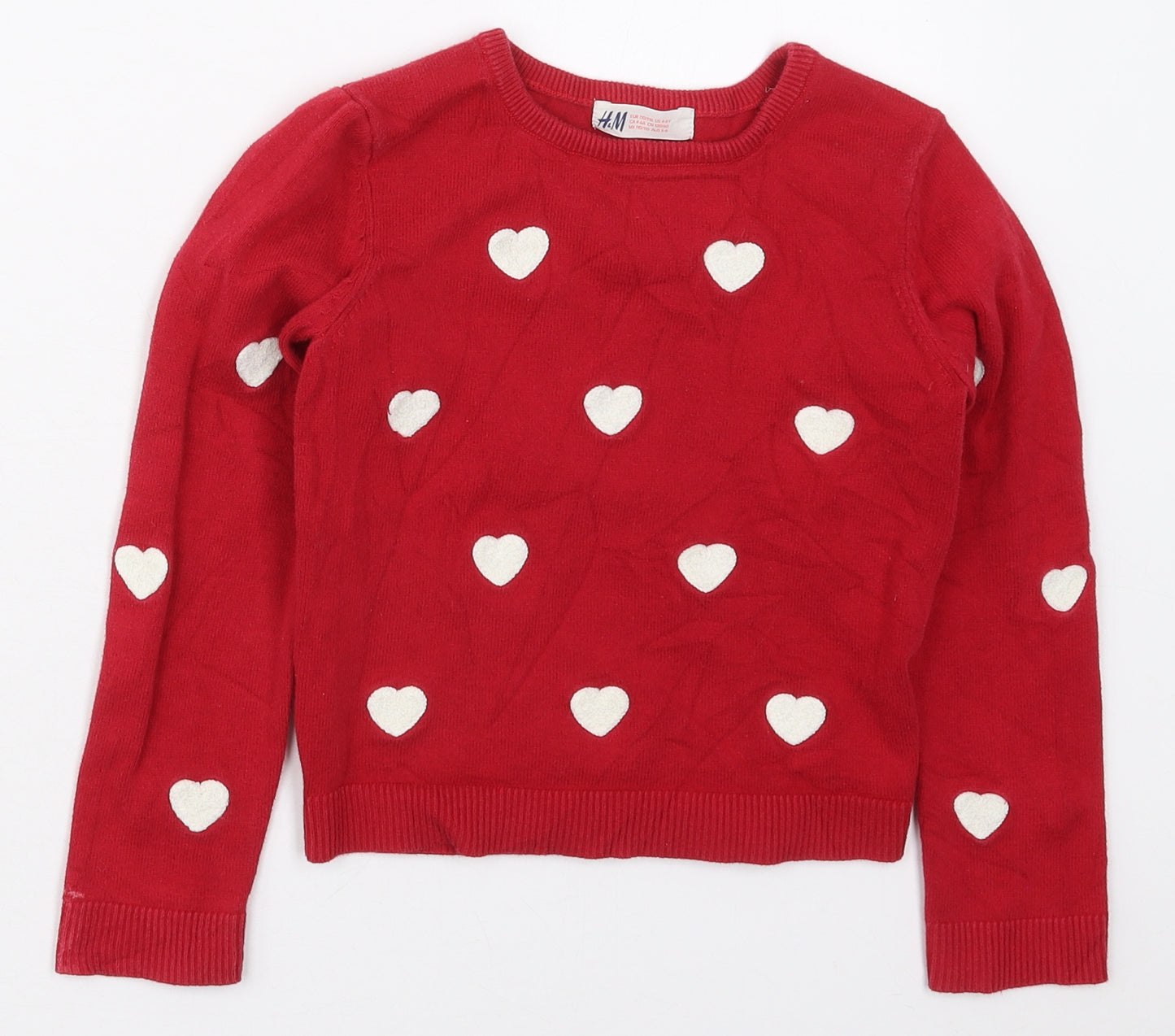 H&M Girls Red Crew Neck  Cotton Pullover Jumper Size 5-6 Years  Pullover - Hearts