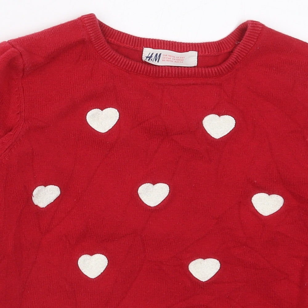 H&M Girls Red Crew Neck  Cotton Pullover Jumper Size 5-6 Years  Pullover - Hearts