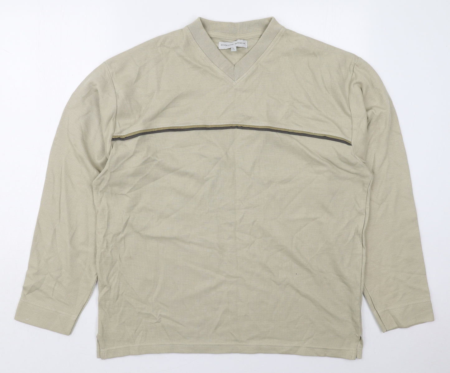 Riverside Menswear Mens Beige Striped Cotton  T-Shirt Size XL V-Neck