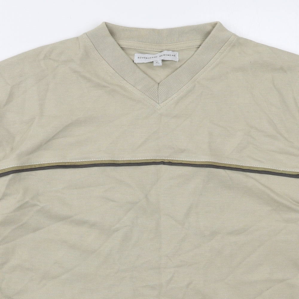 Riverside Menswear Mens Beige Striped Cotton  T-Shirt Size XL V-Neck