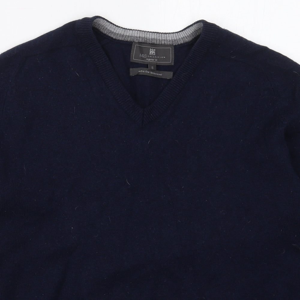 Marks and Spencer Mens Blue V-Neck  Wool Pullover Jumper Size S