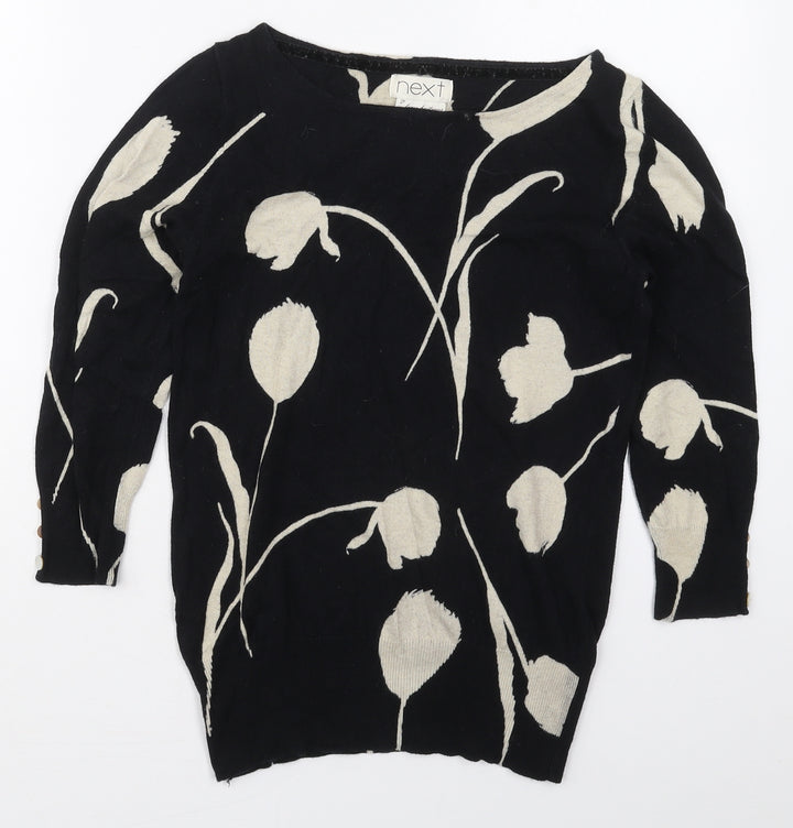 NEXT Womens Black Boat Neck Floral Cotton Pullover Jumper Size 8