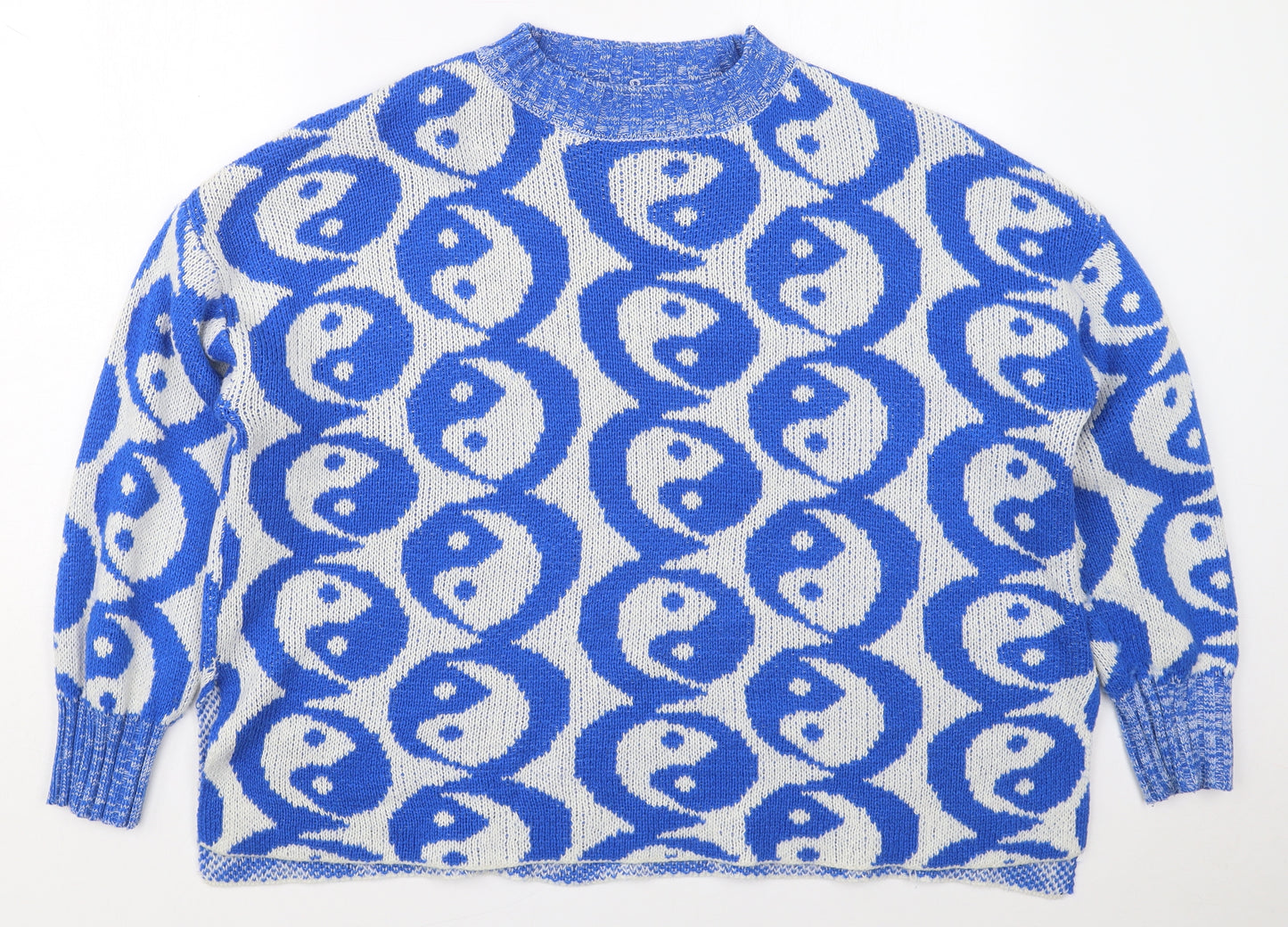 SheIn Womens Blue Crew Neck Geometric Acrylic Pullover Jumper Size L   - Ying and Yang