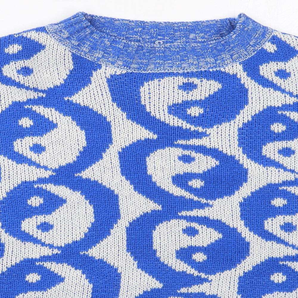 SheIn Womens Blue Crew Neck Geometric Acrylic Pullover Jumper Size L   - Ying and Yang