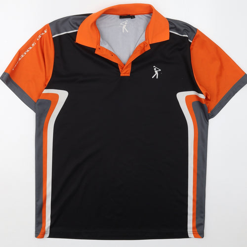 Dangerous Gold Mens Black Striped Polyester  Polo Size L Collared Pullover - Orange