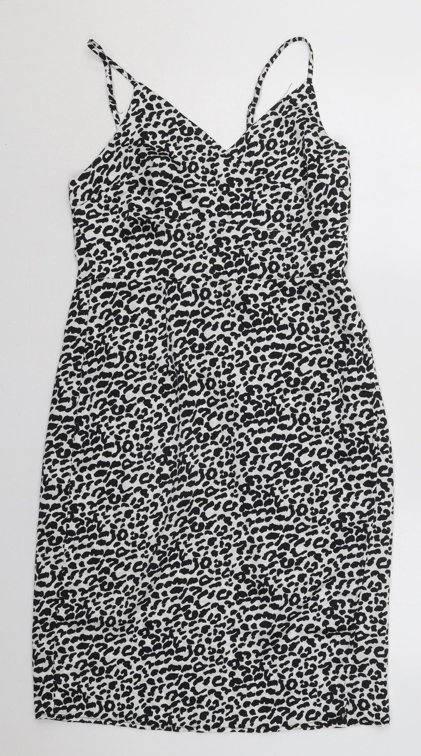 New Look Womens White Animal Print Polyester Tank Dress  Size 12  V-Neck Zip - Black and White