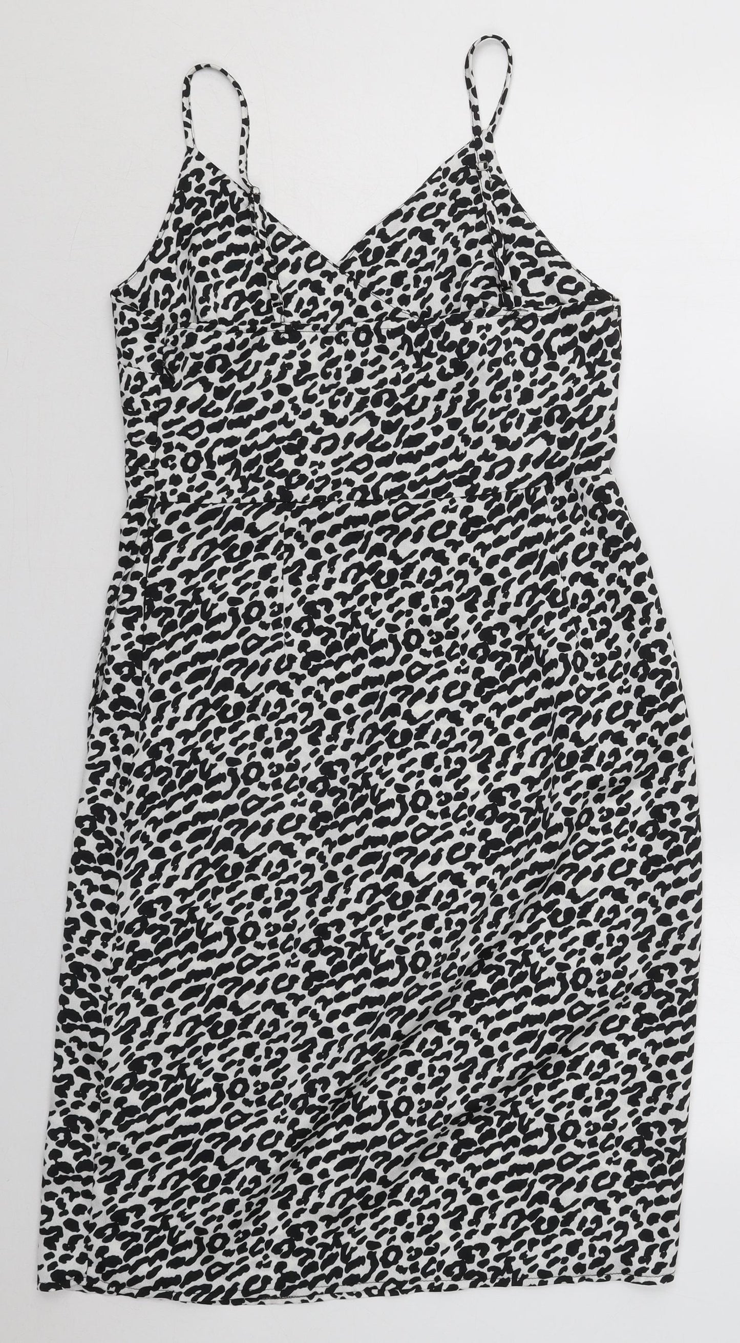 New Look Womens White Animal Print Polyester Tank Dress  Size 12  V-Neck Zip - Black and White