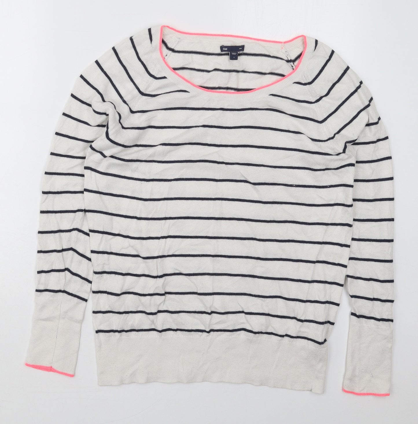 Gap Womens White Round Neck Striped Cotton Pullover Jumper Size L