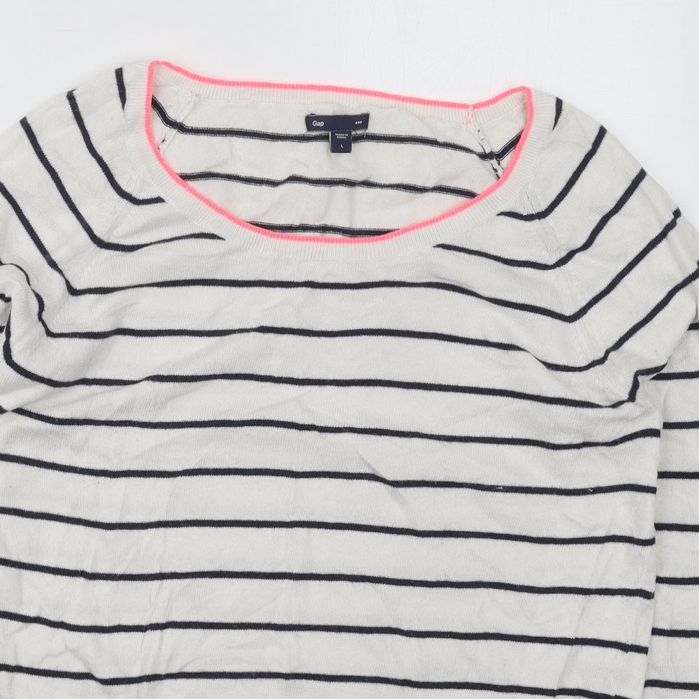 Gap Womens White Round Neck Striped Cotton Pullover Jumper Size L
