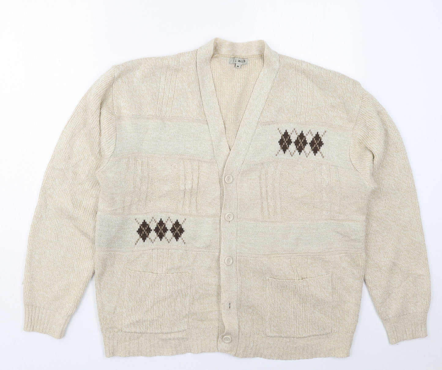 J.J. Willis Mens Beige V-Neck Argyle/Diamond Acrylic Cardigan Jumper Size M