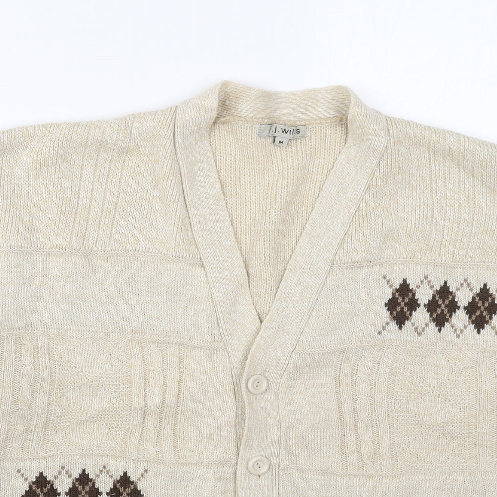 J.J. Willis Mens Beige V-Neck Argyle/Diamond Acrylic Cardigan Jumper Size M