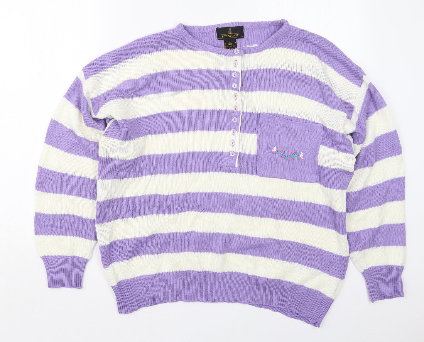 Top Secret Womens Purple Crew Neck Striped Acrylic Pullover Jumper One Size