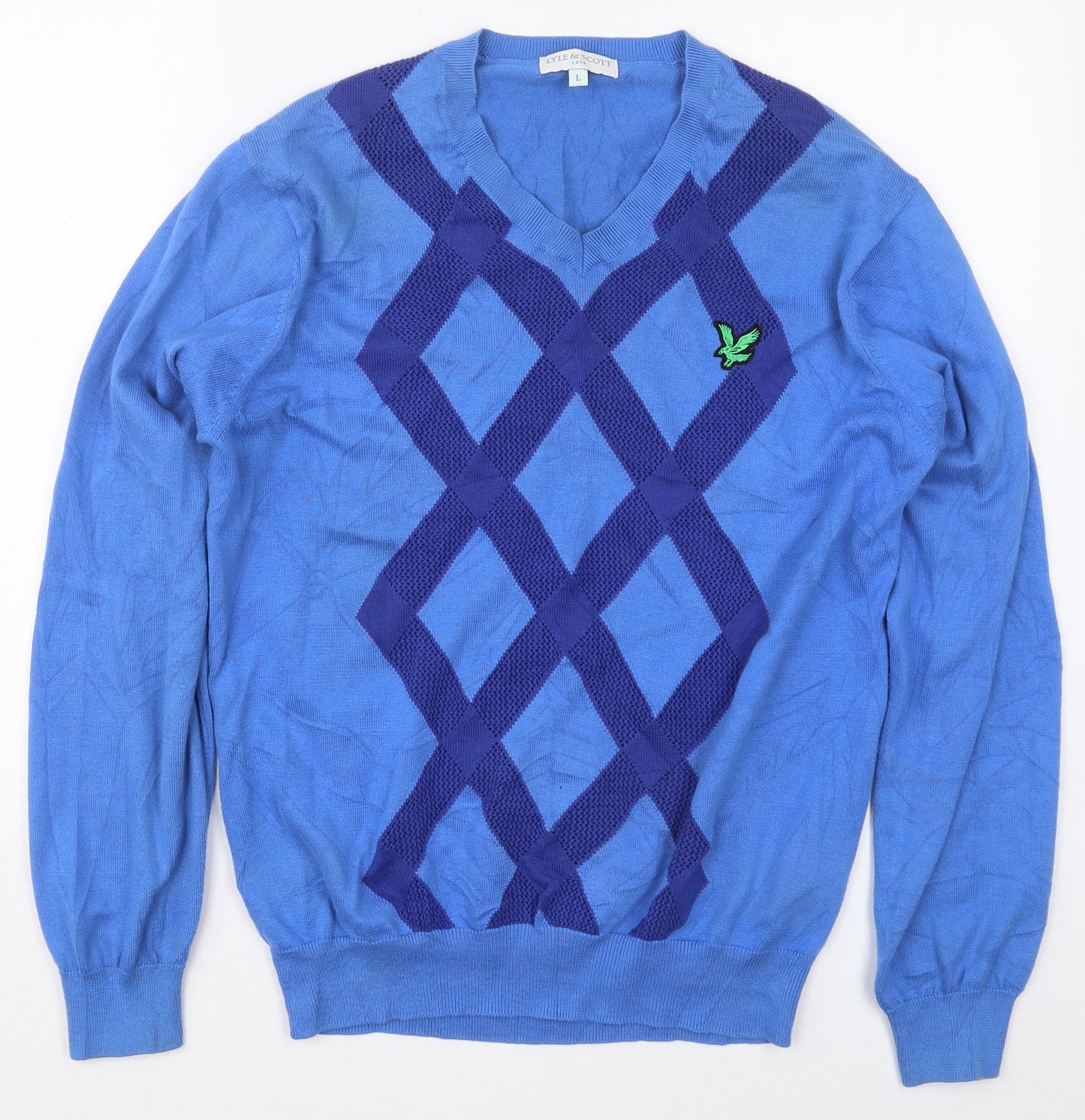 Lyle & Scott Mens Blue V-Neck Argyle/Diamond Cotton Pullover Jumper Size L