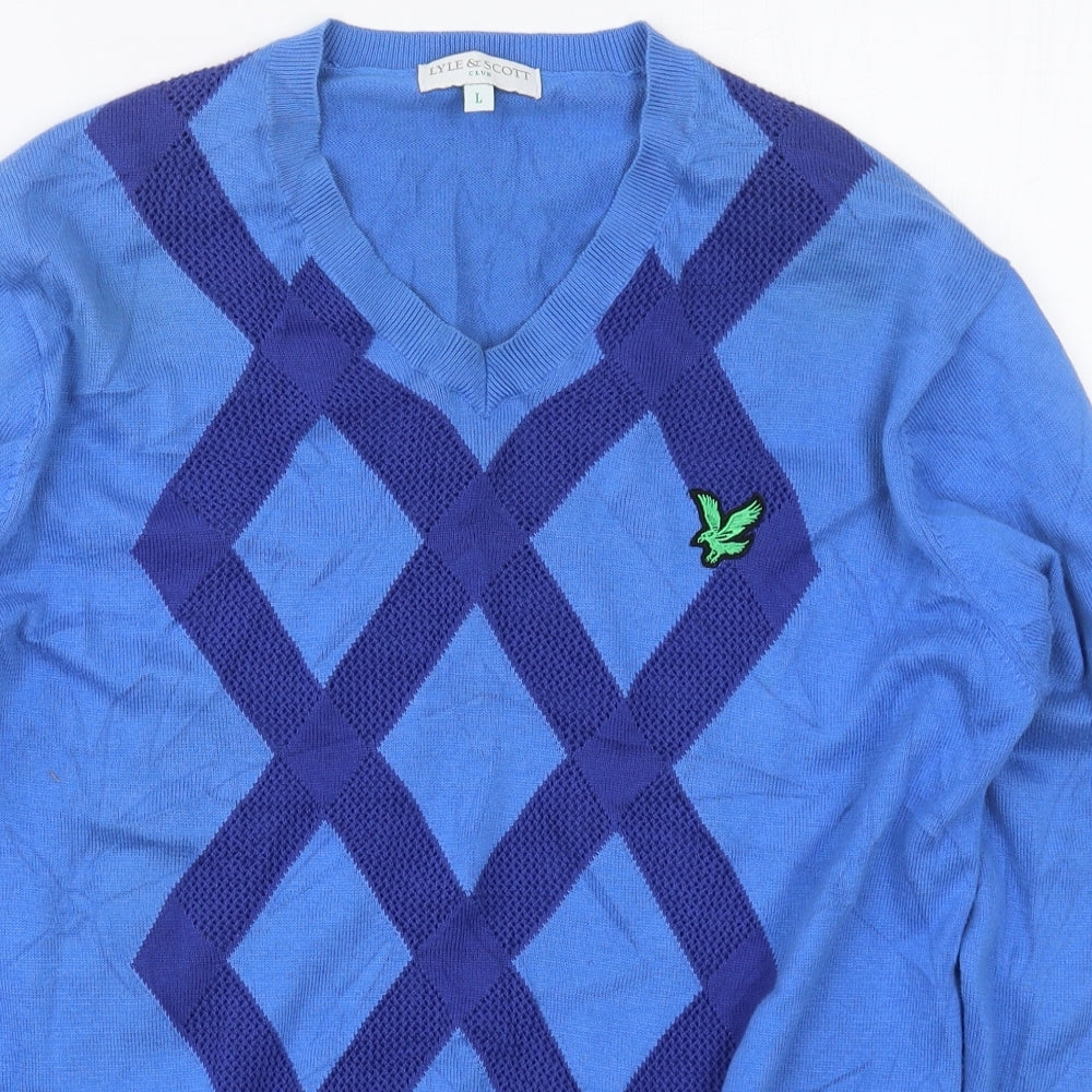 Lyle & Scott Mens Blue V-Neck Argyle/Diamond Cotton Pullover Jumper Size L