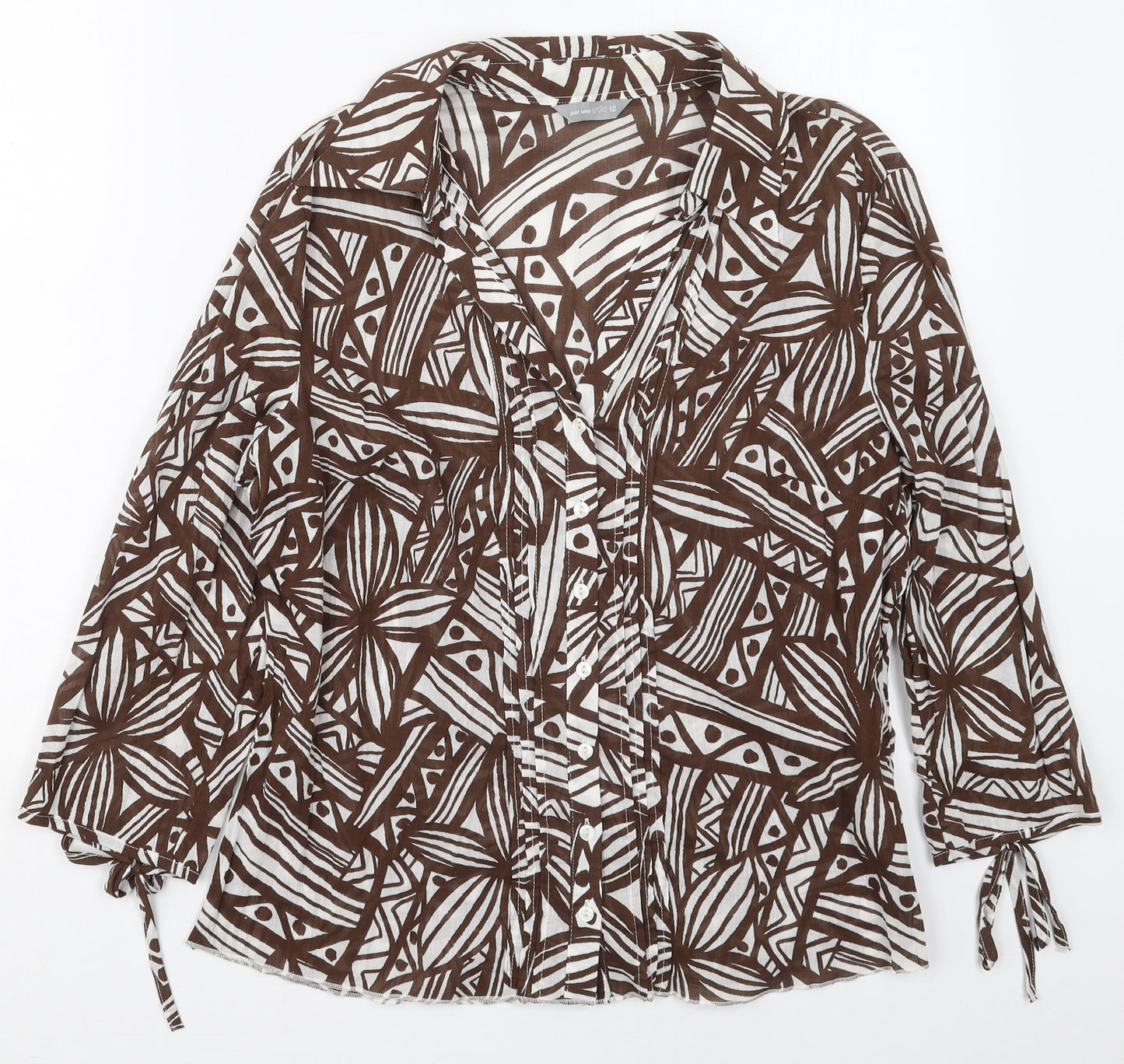 Per Una Womens Brown Geometric Cotton Basic Button-Up Size 12 Collared