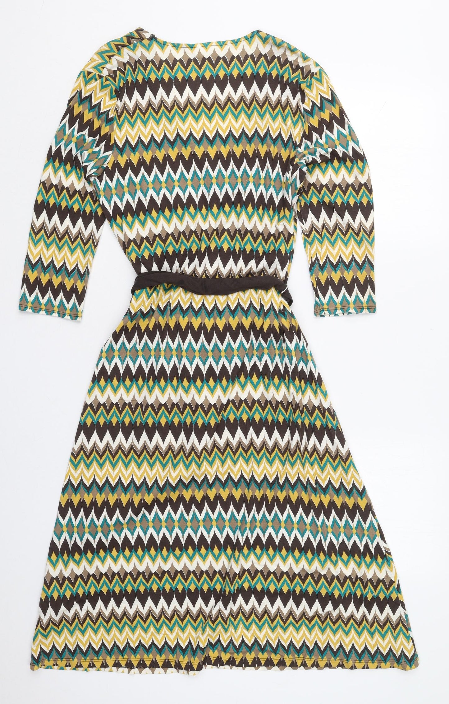 Wallis Womens Yellow Geometric Viscose Skater Dress  Size 12  V-Neck Pullover