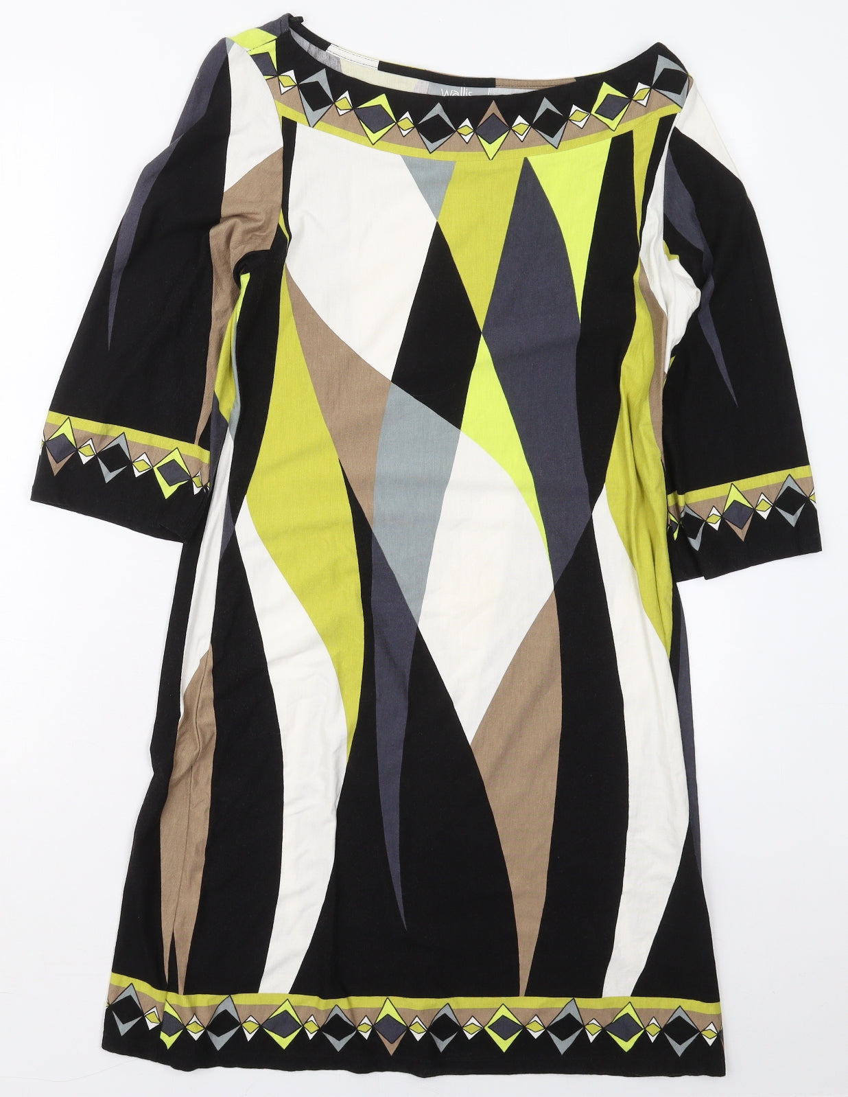 Wallis Womens Black Geometric Viscose A-Line  Size 12  Boat Neck Pullover - Green