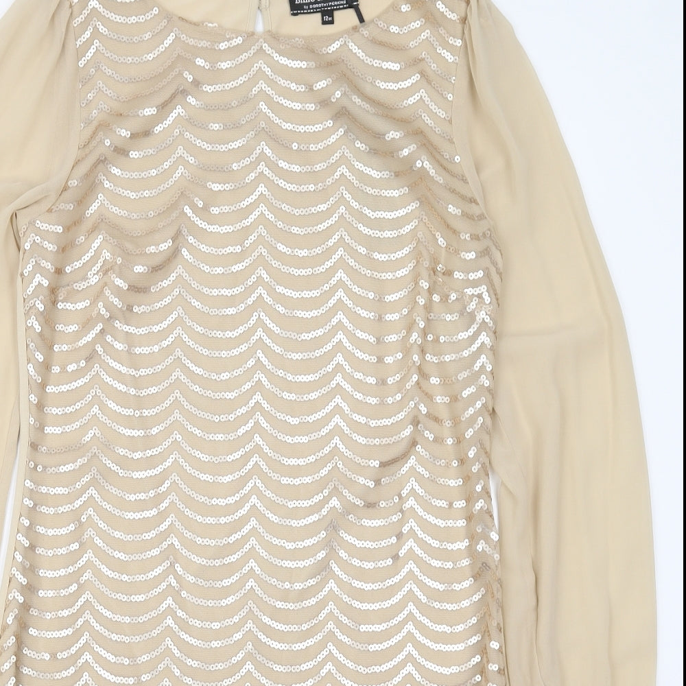 Dorothy Perkins Womens Gold Striped Polyester Shift  Size 12  Boat Neck Button