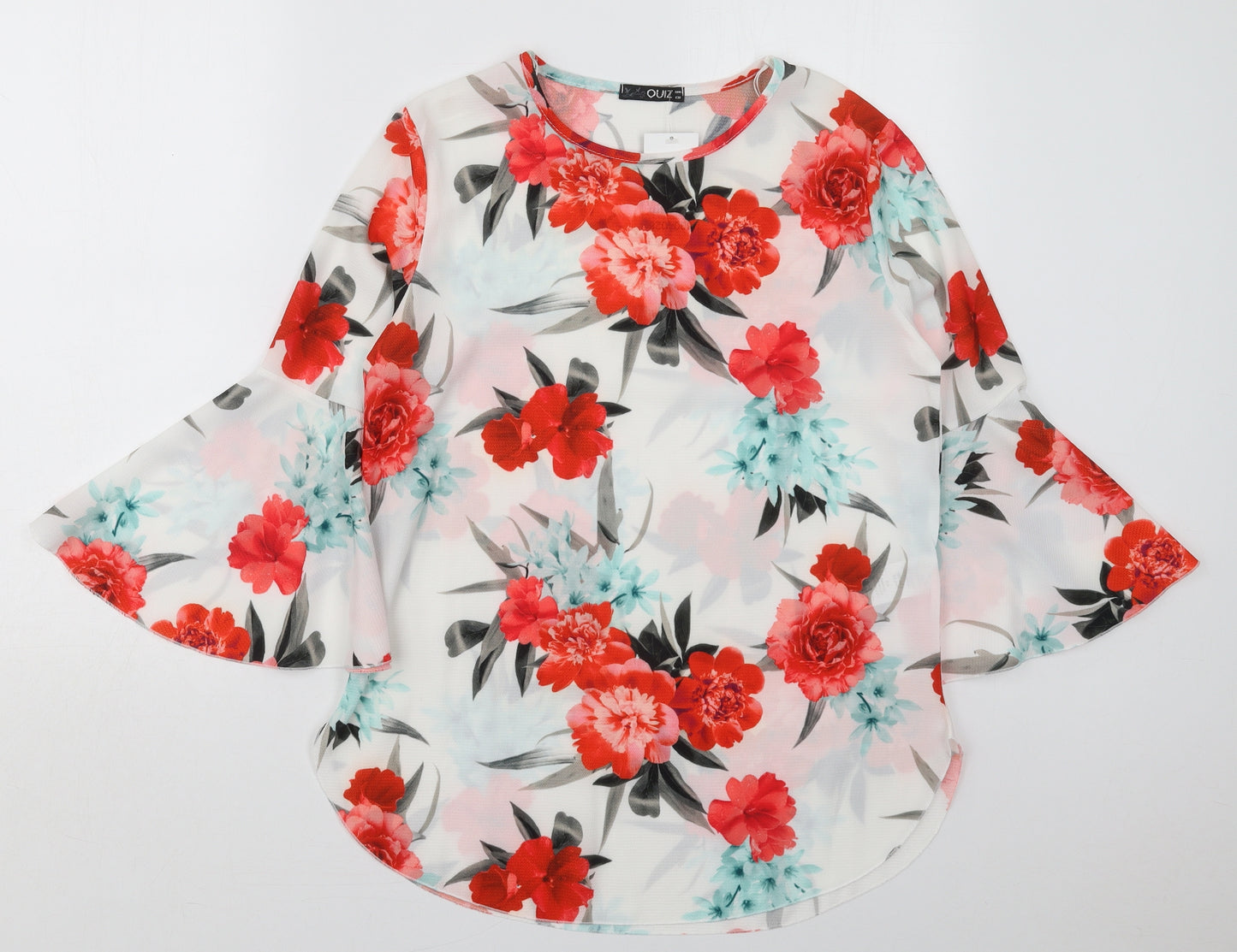 Quiz Womens White Floral Polyester Basic Blouse Size 10 Round Neck - Red Flowers