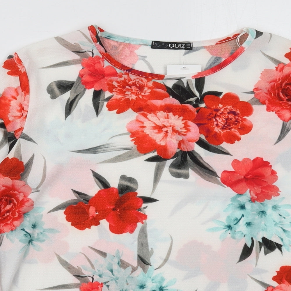 Quiz Womens White Floral Polyester Basic Blouse Size 10 Round Neck - Red Flowers