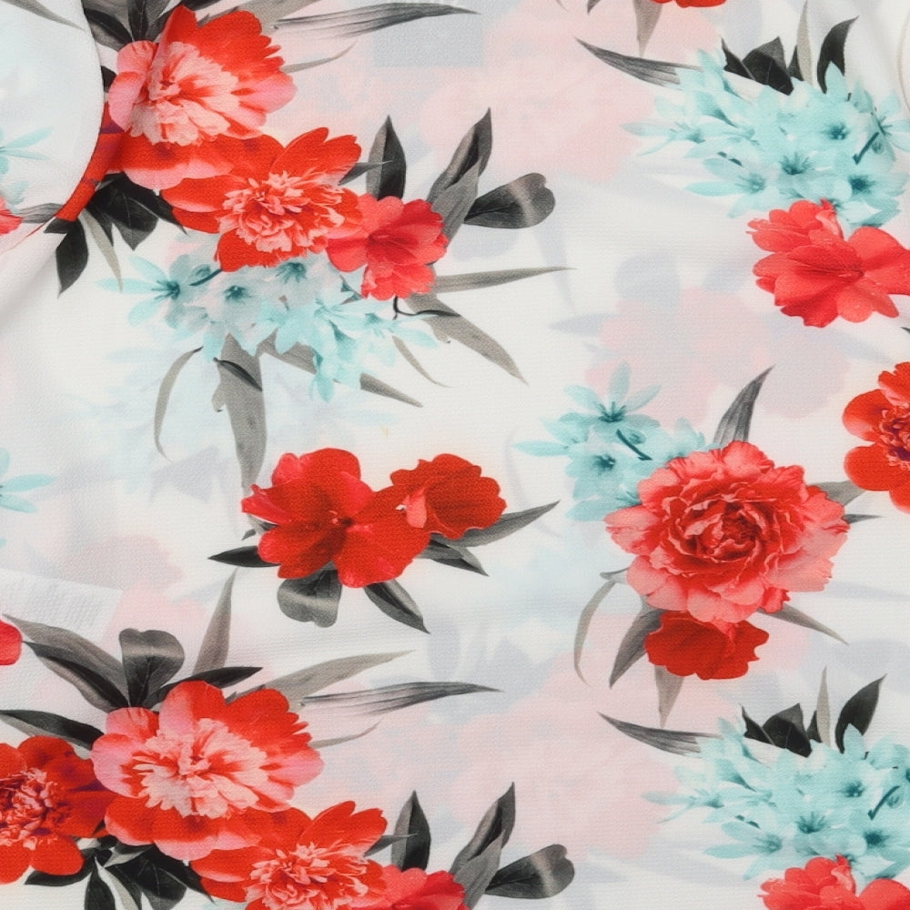 Quiz Womens White Floral Polyester Basic Blouse Size 10 Round Neck - Red Flowers