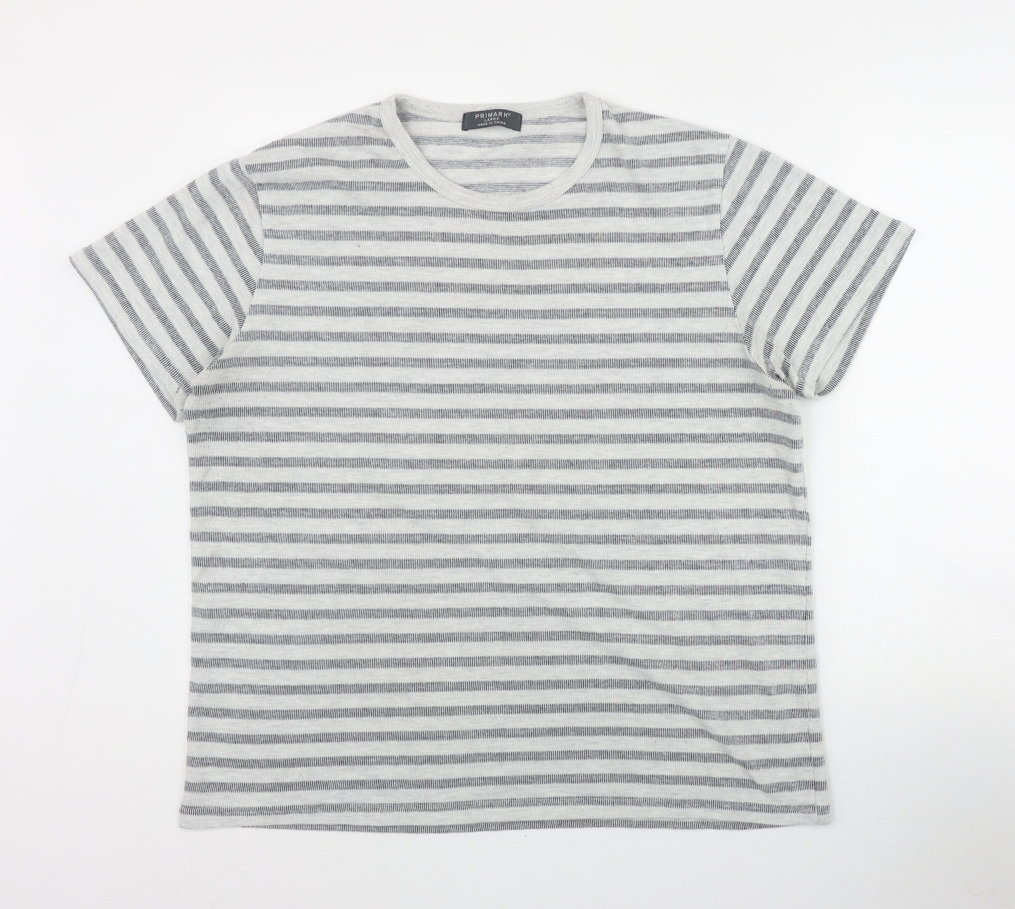 Primark Mens Grey Striped Polyester  T-Shirt Size L Round Neck