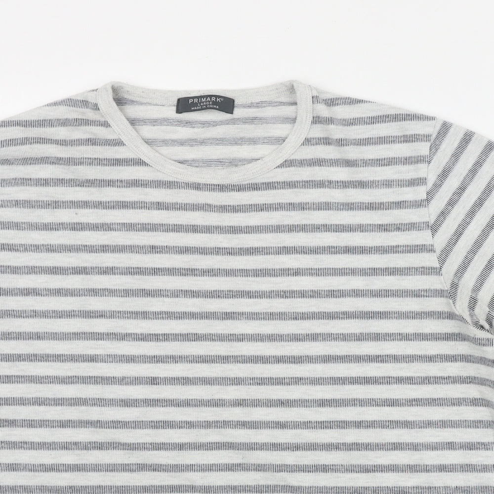 Primark Mens Grey Striped Polyester  T-Shirt Size L Round Neck