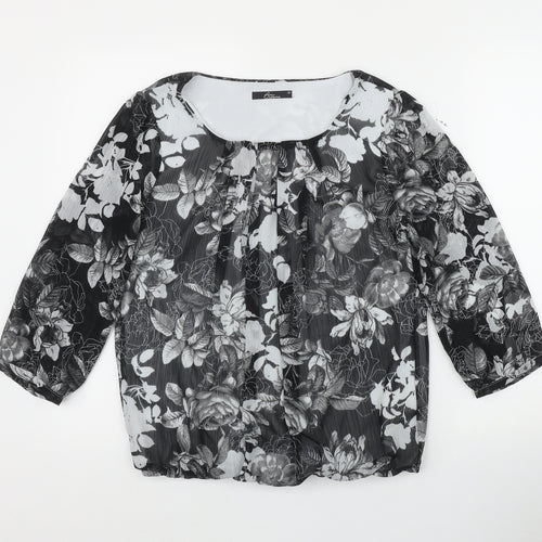 BM Womens Black Floral Polyester Basic Blouse Size 10 Round Neck