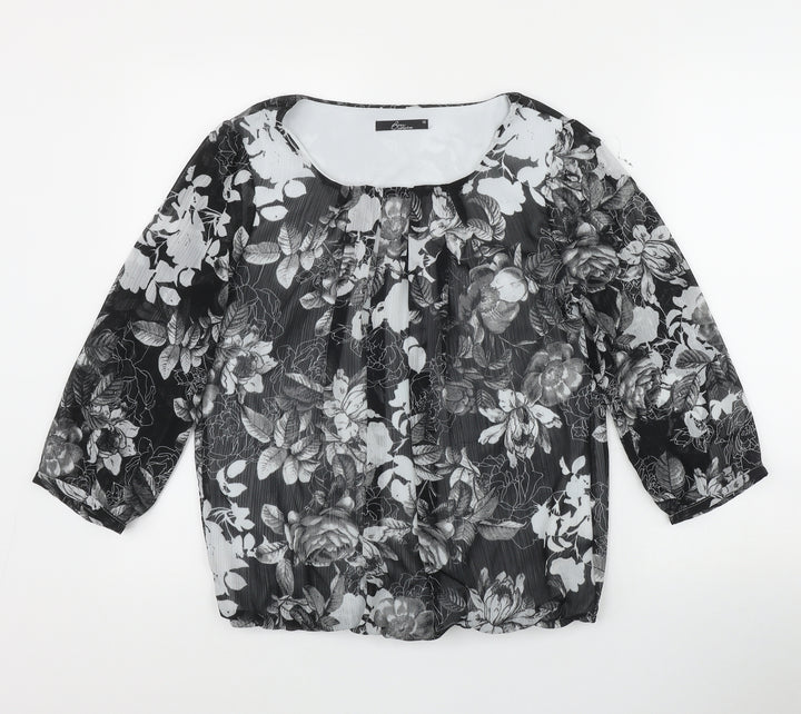 BM Womens Black Floral Polyester Basic Blouse Size 10 Round Neck