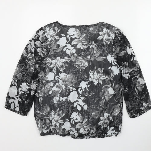 BM Womens Black Floral Polyester Basic Blouse Size 10 Round Neck