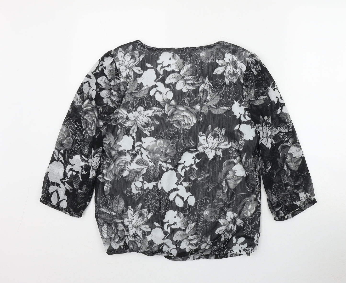 BM Womens Black Floral Polyester Basic Blouse Size 10 Round Neck