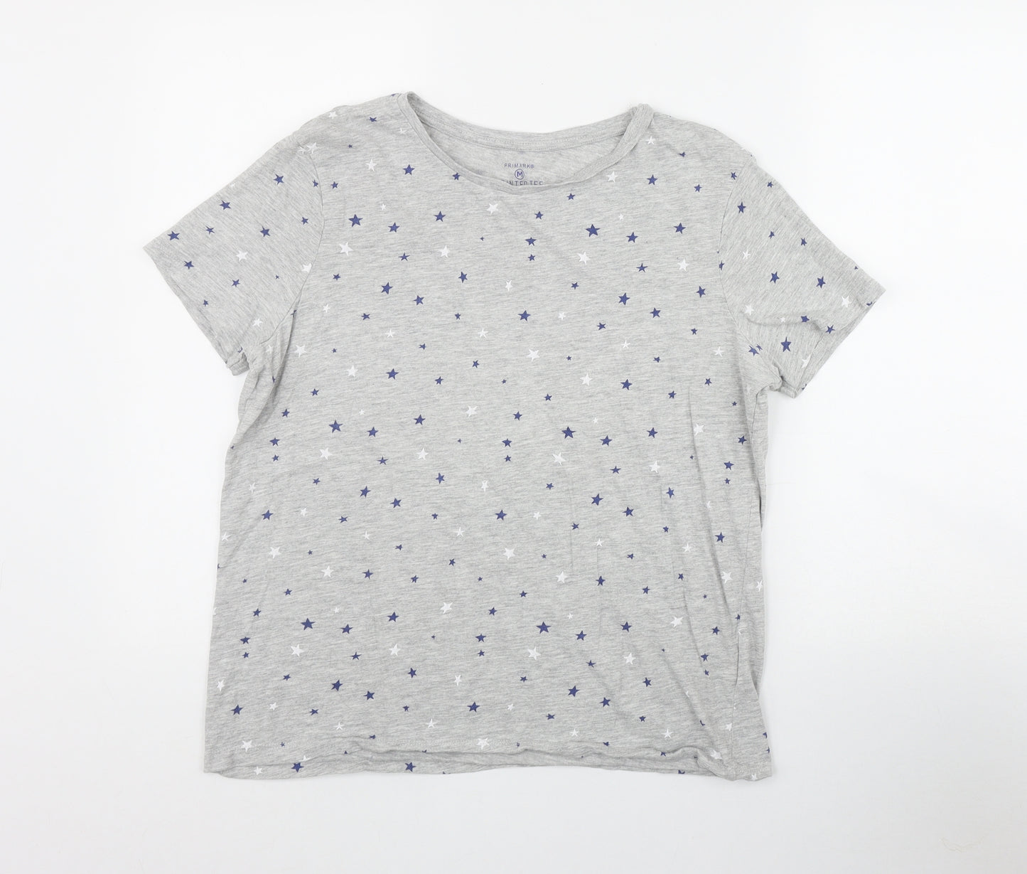 Primark Womens Grey Geometric Cotton Basic T-Shirt Size 12 Round Neck - Star print