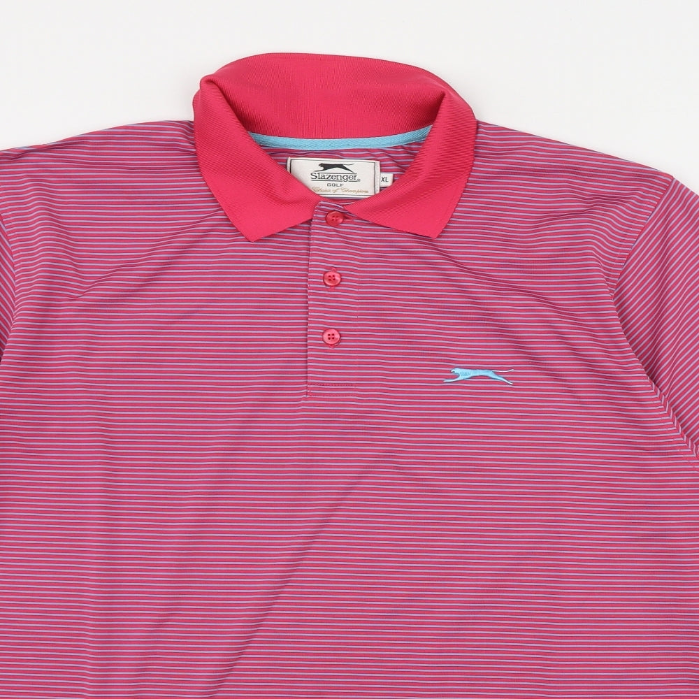 Slazenger Mens Pink Striped Polyester  Polo Size XL Collared Button
