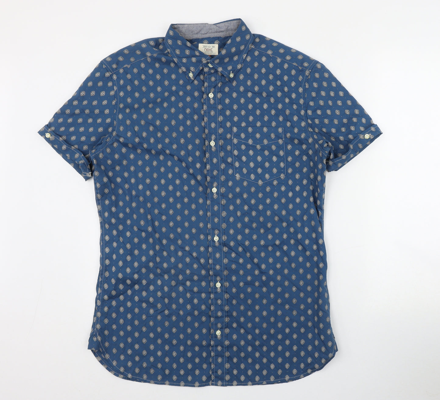 NEXT Mens Blue Geometric Cotton  Button-Up Size M Collared Button