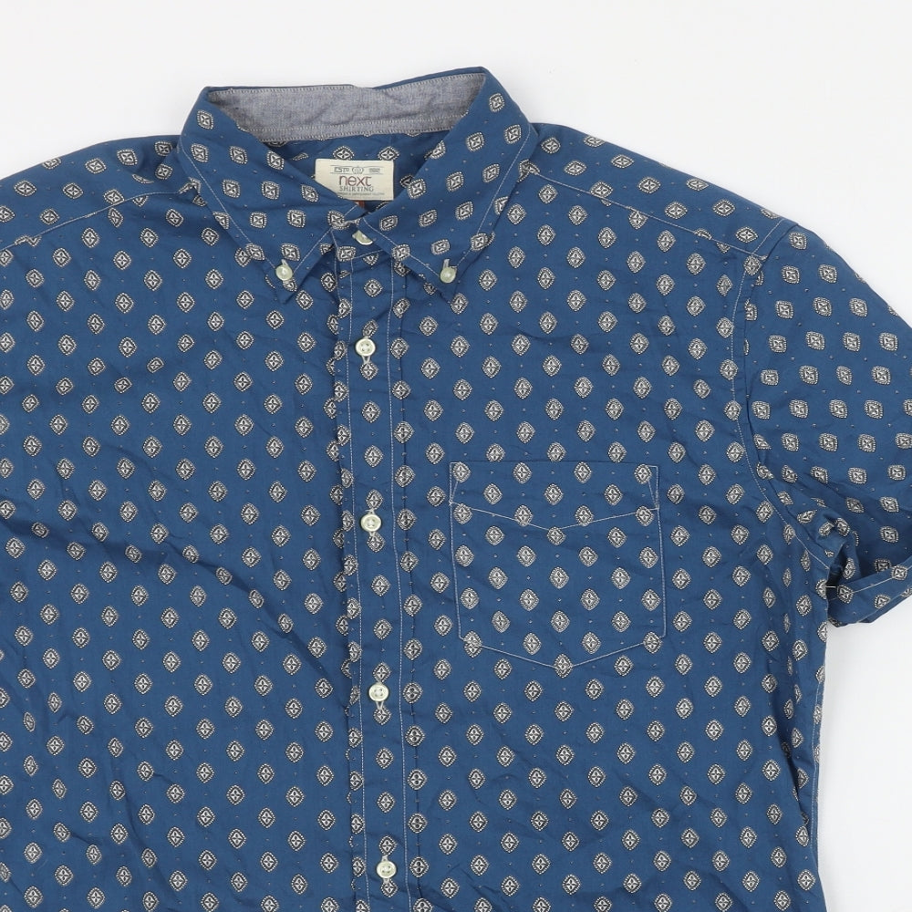 NEXT Mens Blue Geometric Cotton  Button-Up Size M Collared Button