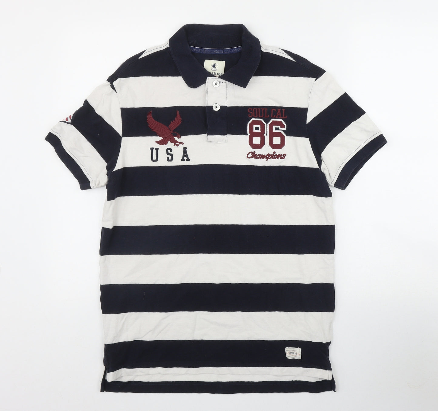 SoulCal&Co Mens Black Striped Cotton  Polo Size M Collared Button