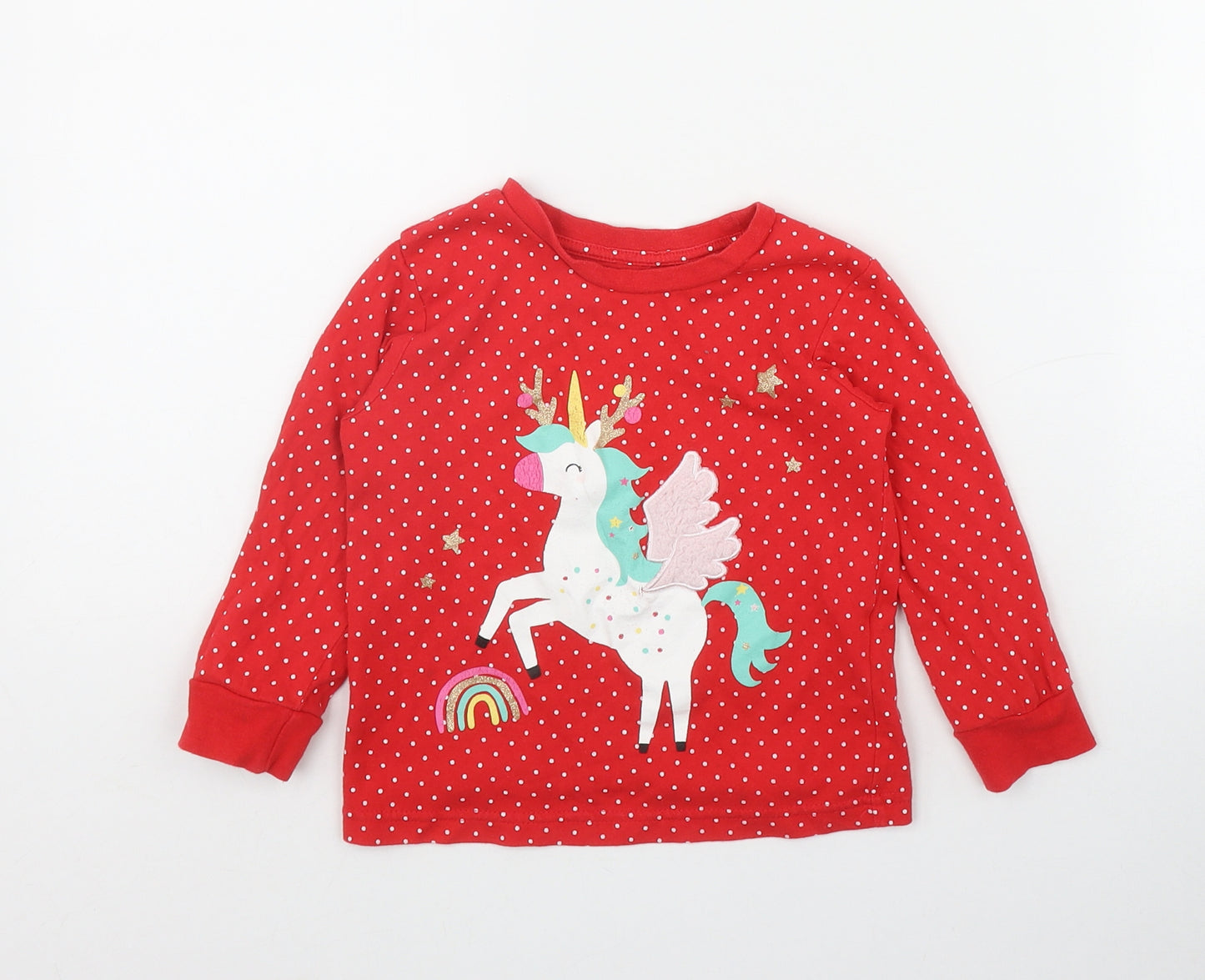 Matalan Girls Red Polka Dot Cotton Basic T-Shirt Size 3-4 Years Round Neck Pullover - Unicorn