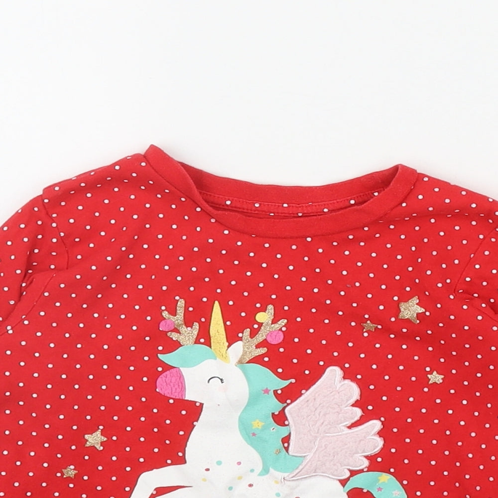 Matalan Girls Red Polka Dot Cotton Basic T-Shirt Size 3-4 Years Round Neck Pullover - Unicorn