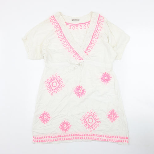 TU Womens White  Viscose Kaftan  Size S  V-Neck Tie - Embroidered