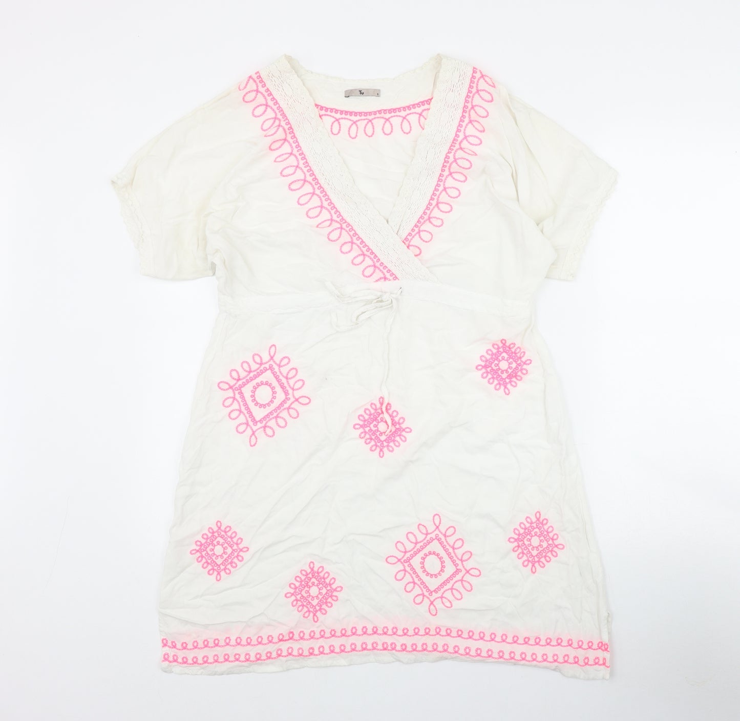 TU Womens White  Viscose Kaftan  Size S  V-Neck Tie - Embroidered