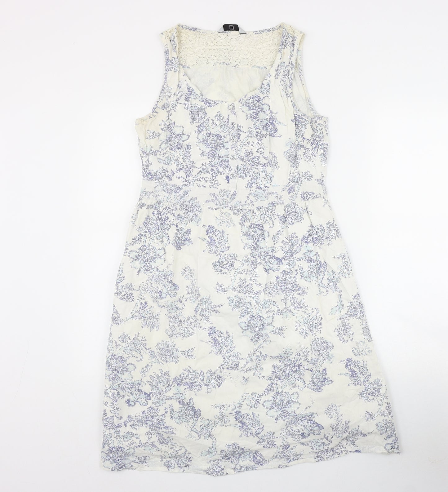 TU Womens White Geometric Cotton Fit & Flare  Size 10  Scoop Neck Button