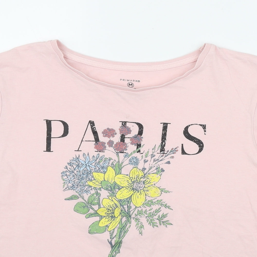 Primark Womens Pink  Cotton Basic T-Shirt Size 12 Round Neck - Paris