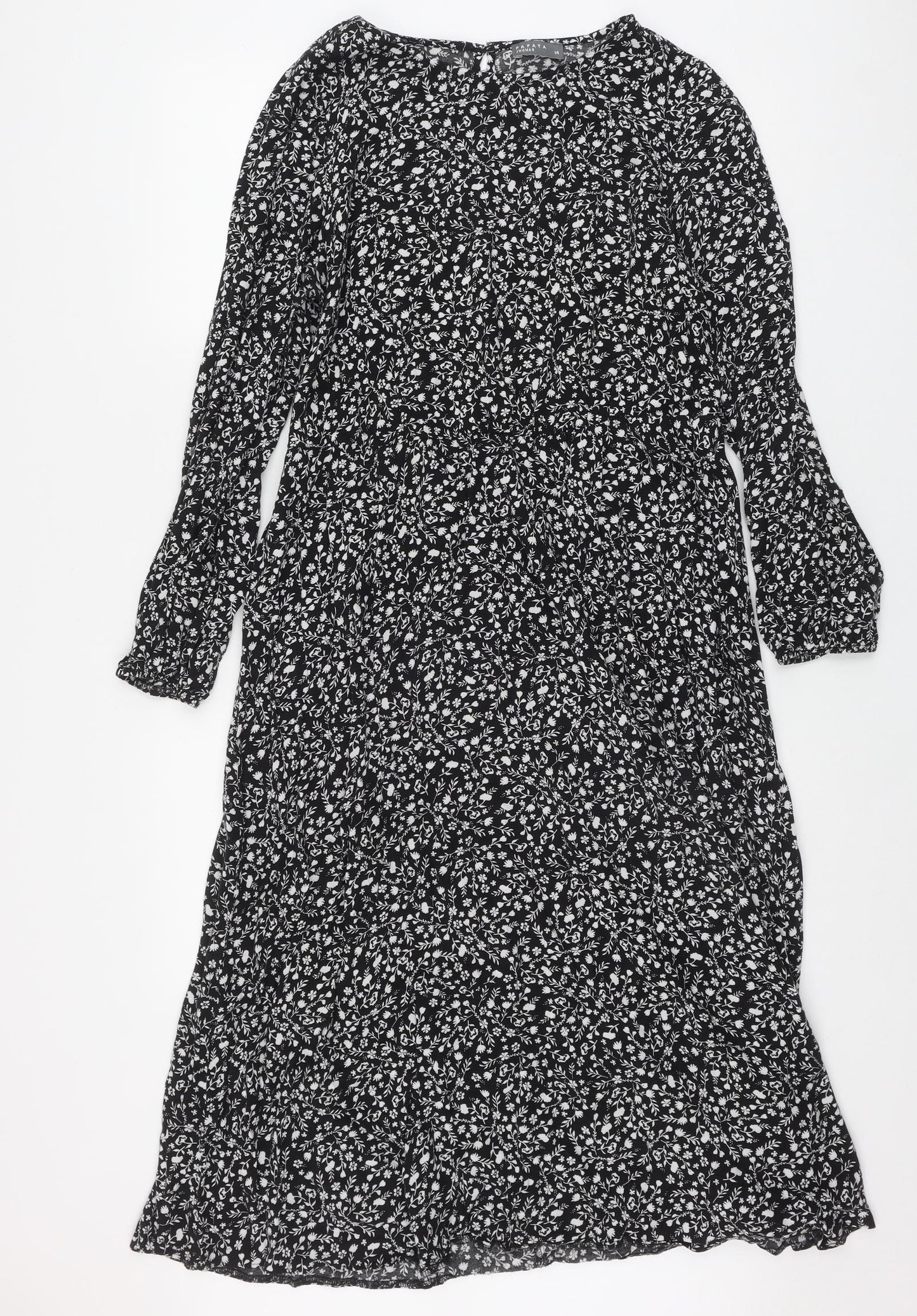 Papaya Womens Black Floral Viscose Fit & Flare  Size 14  Round Neck Button