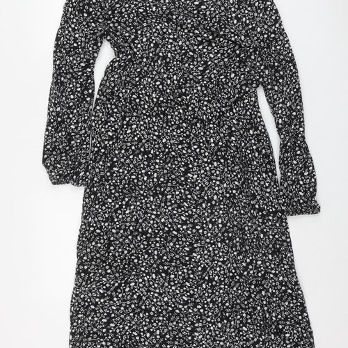 Papaya Womens Black Floral Viscose Fit & Flare  Size 14  Round Neck Button
