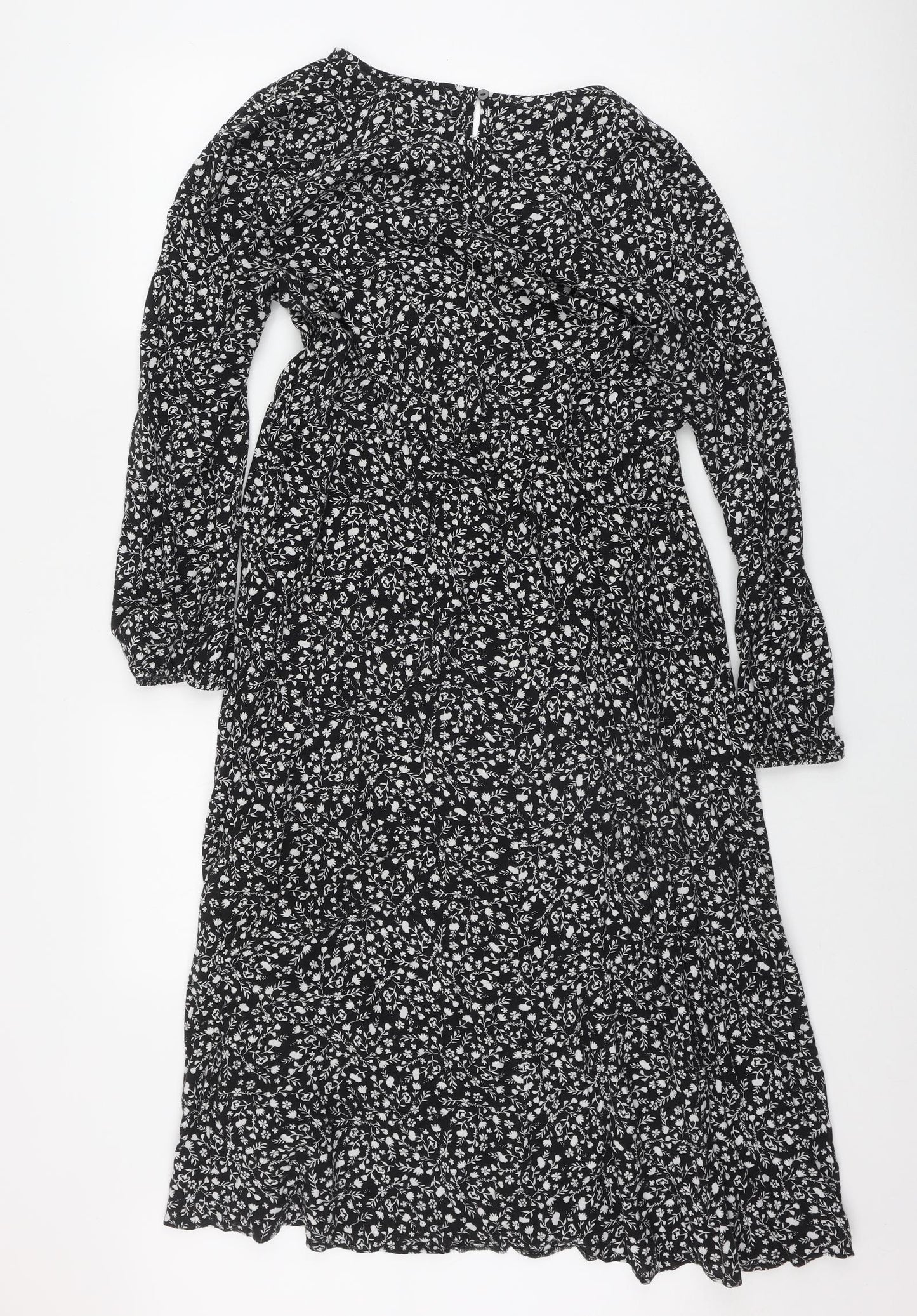 Papaya Womens Black Floral Viscose Fit & Flare  Size 14  Round Neck Button