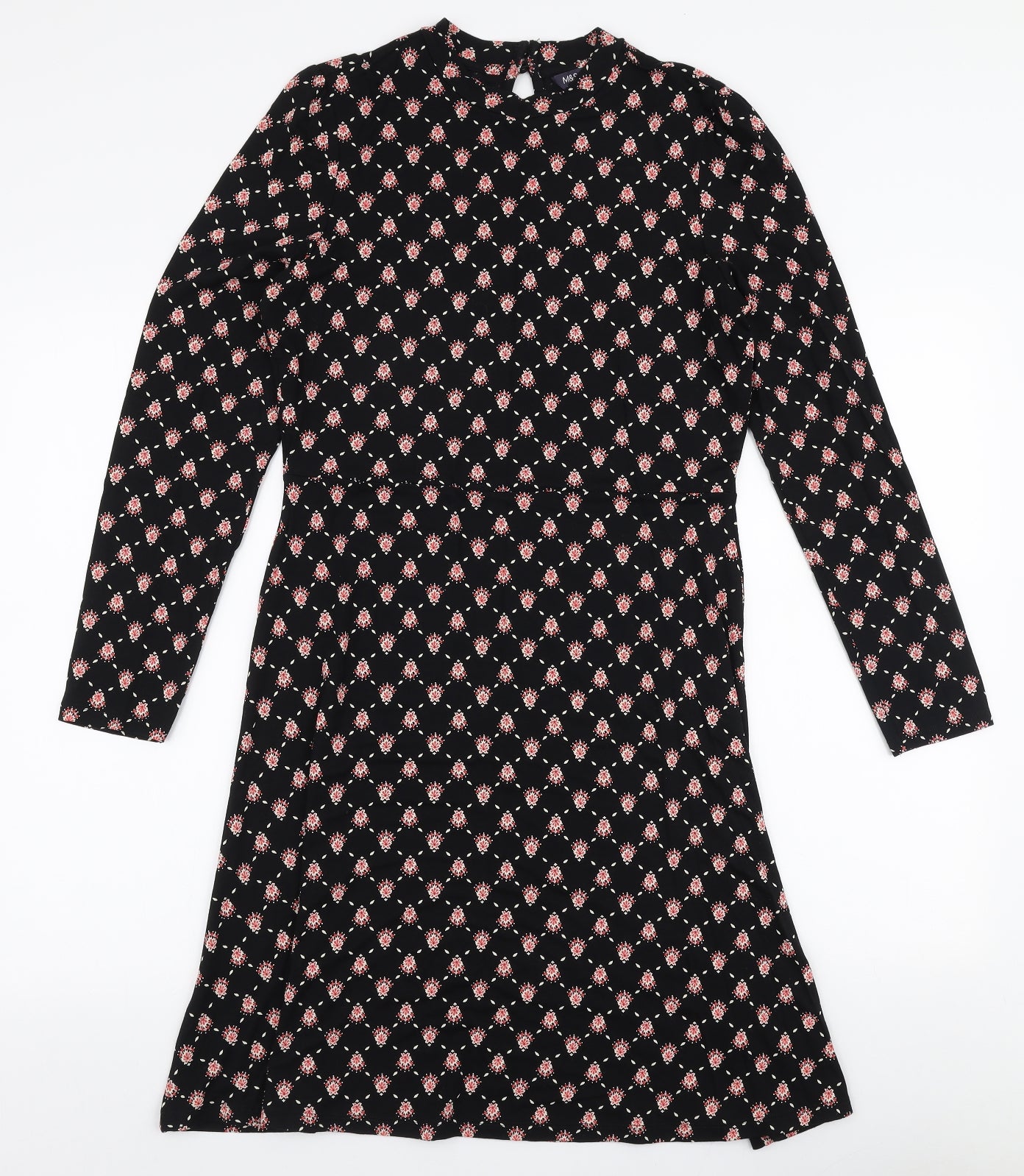 Marks and Spencer Womens Black Floral Viscose Skater Dress  Size 10  Round Neck Pullover