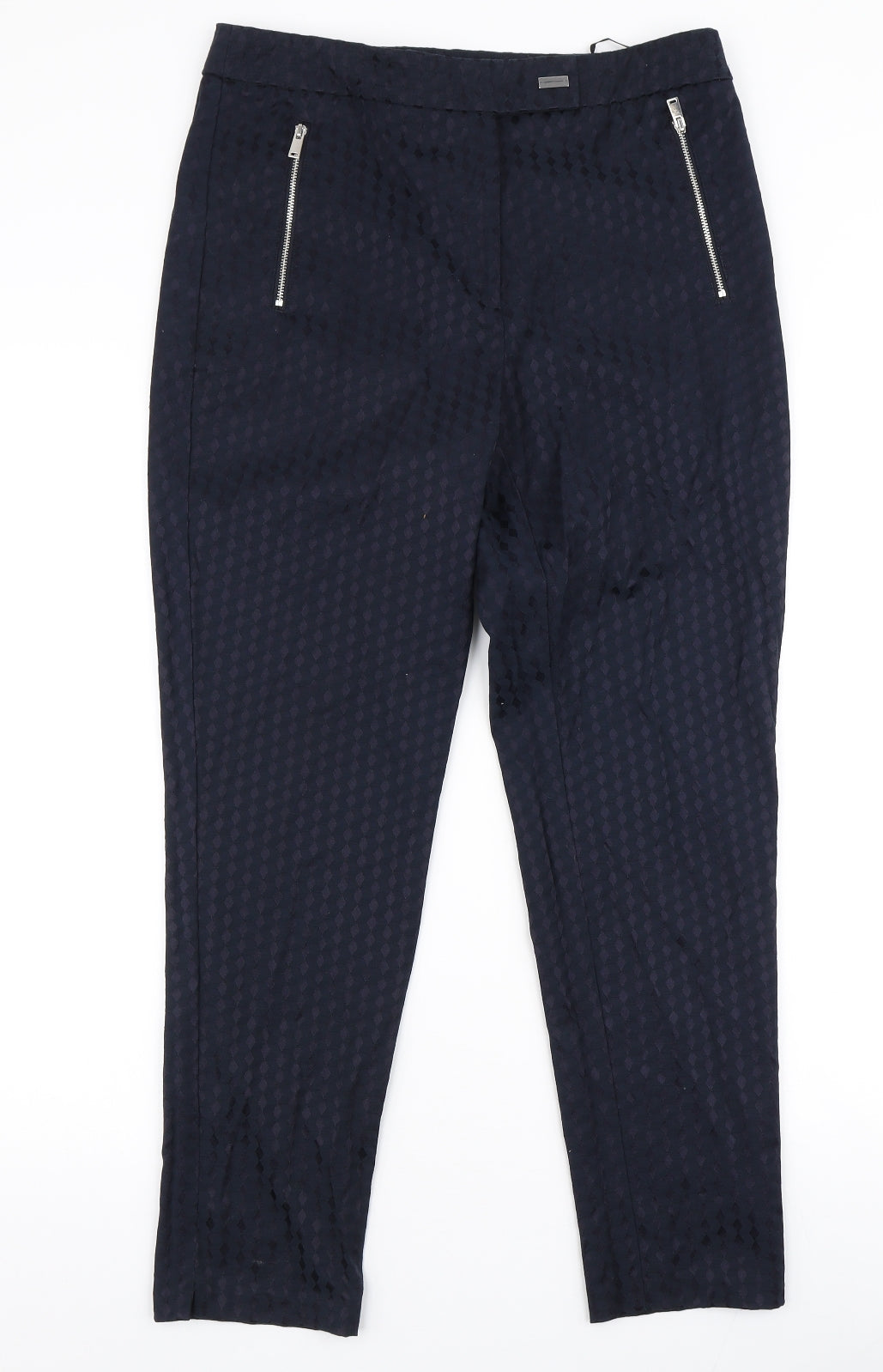 F&F Womens Blue Geometric Cotton Dress Pants Trousers Size 10 L26 in Slim Zip