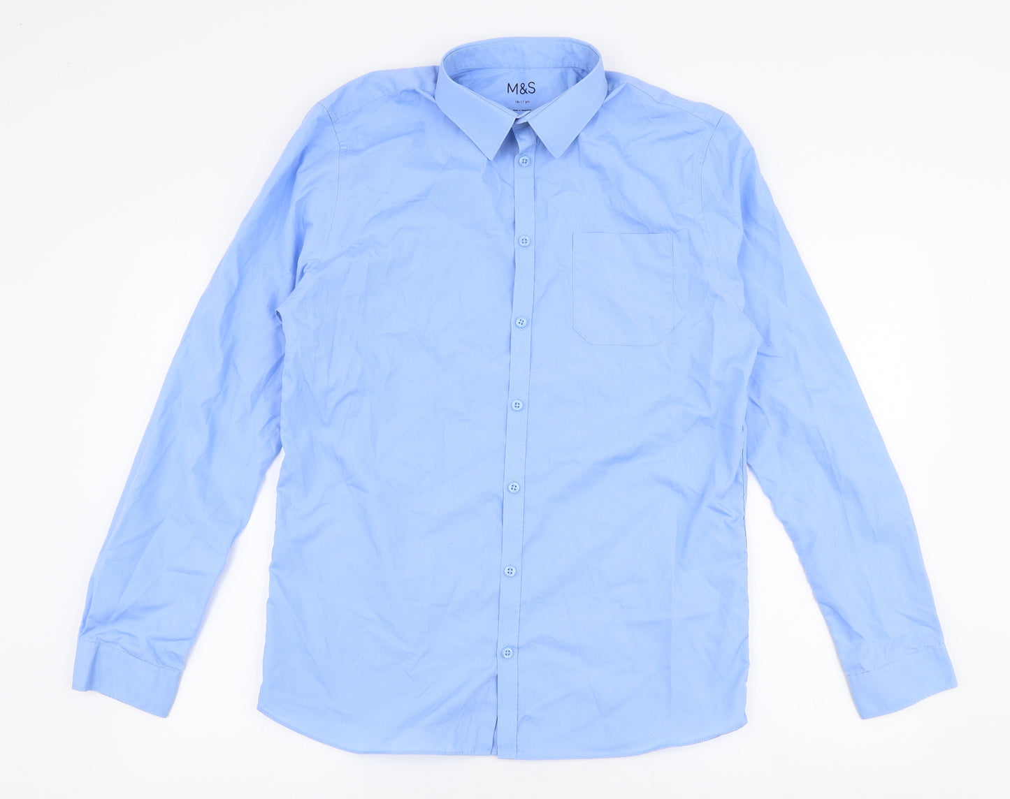 Marks and Spencer Boys Blue  Cotton Basic Dress Shirt Size 16 Years Collared Button