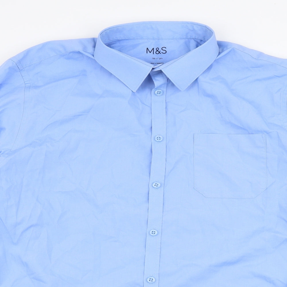 Marks and Spencer Boys Blue  Cotton Basic Dress Shirt Size 16 Years Collared Button